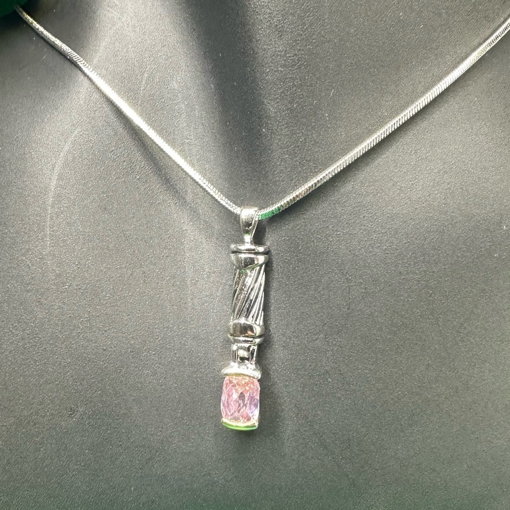Pink Crystal Pendant Necklace Silver Tone Snake Chain Estate Jewelry